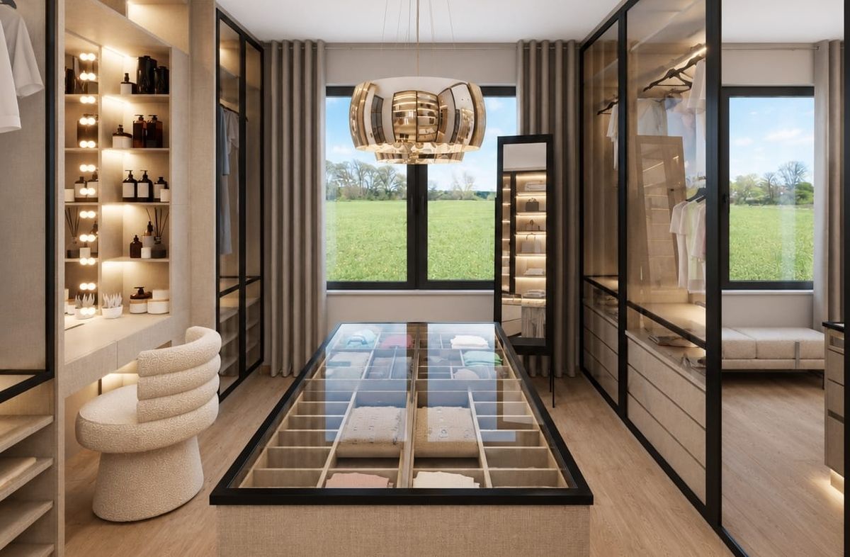 Ankleidezimmer mit Boutique-Charakter: Glasvitrine, beleuchtete Regale, Schminkplatz und Designerleuchte