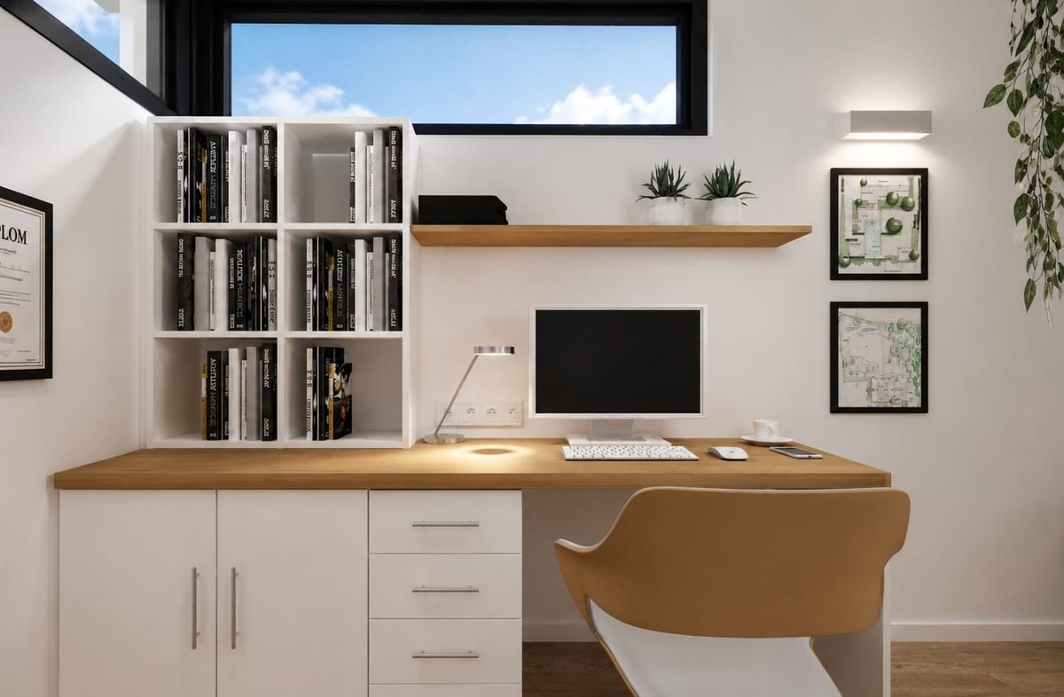 Homeoffice mit maßgefertigtem Schreibtisch, weißem Einbauregal und Eichenholzplatte