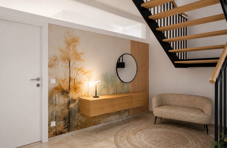 Eingangsbereich mit herbstlichem Aquarell-Wandbild und schwebendem Holzsideboard