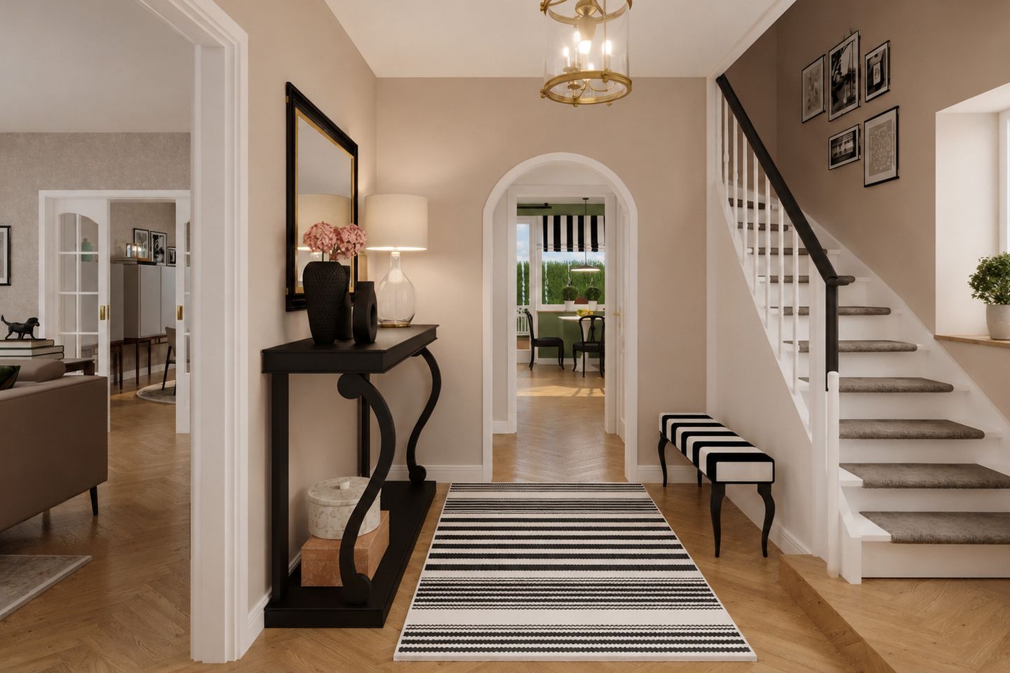 Eingangsbereich mit Konsolentisch, Treppe und gestreiftem Läufer