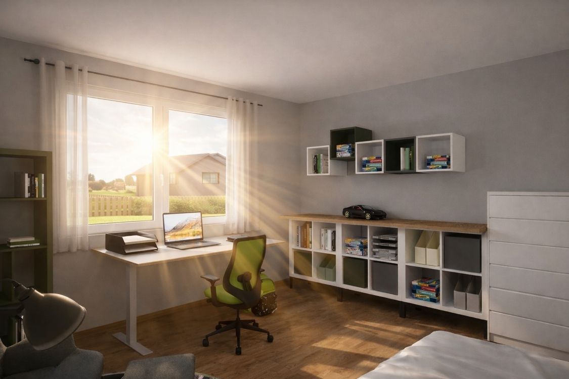 Gaming-Schlafzimmer mit auffälliger Hexagon-Tapete in Schwarz, Grau und Neongrün, weißem Schreibtisch und dekorativer Wandbeleuchtung