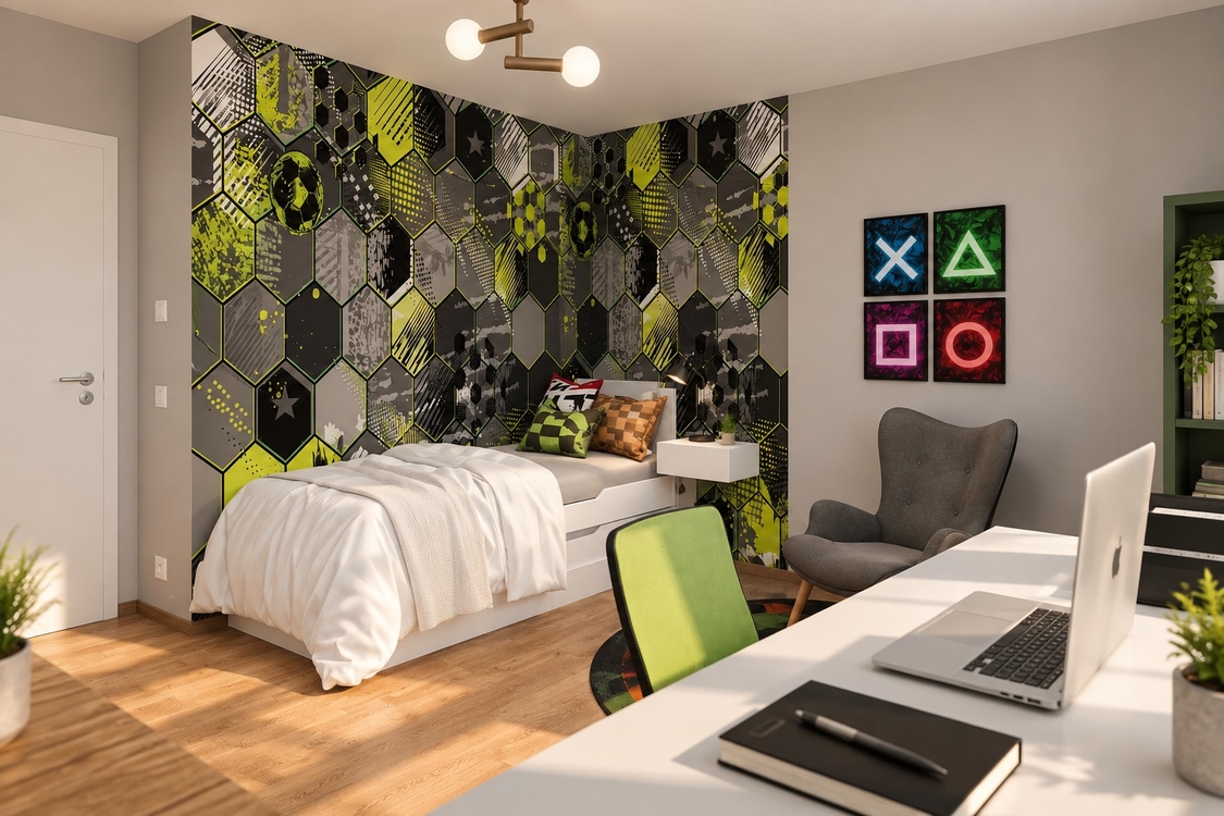 Kinderzimmer mit Gaming-Design, Einzelbett vor geometrischer Akzentwand und farbigen Wandbildern im Controller-Stil