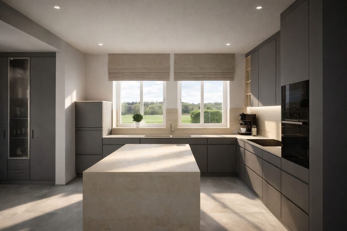 Elegante offene Küche im minimalistischen Stil mit grauen Küchenmöbeln, Holzregal und zentraler Insel