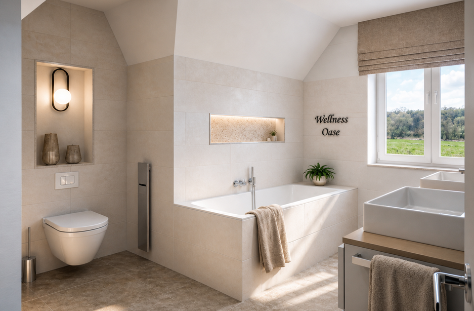 Wellness-Badezimmer mit Einbaubadewanne, Wandnische, Hänge-WC und Naturblick