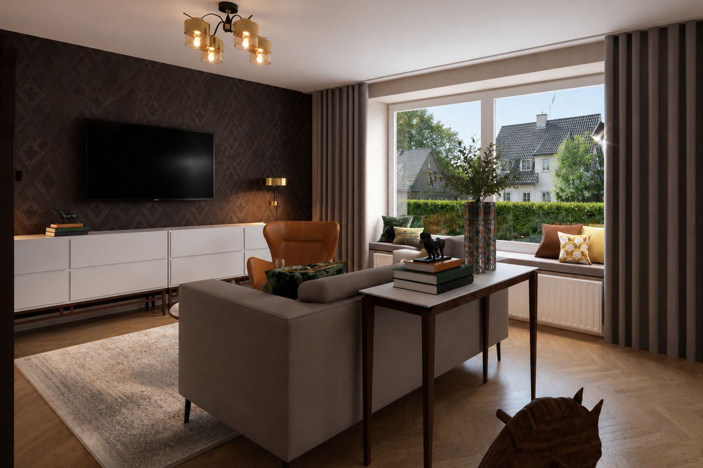Wohnzimmer mit Sofa, Wandschrank und Sitzbank am Fenster