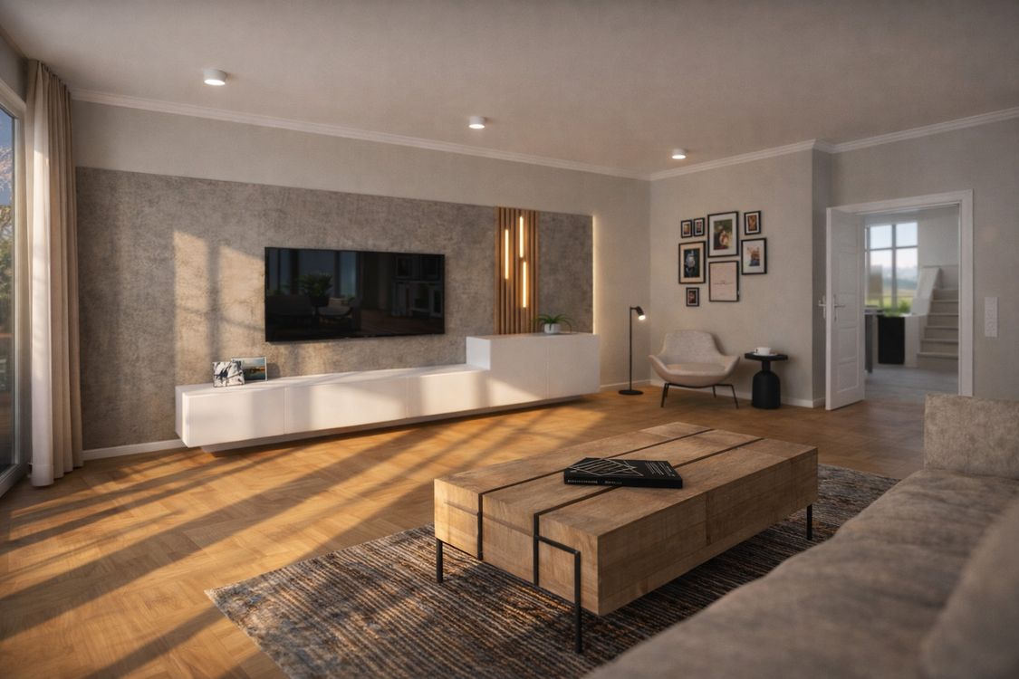 Wohnzimmer mit großem Wandfernseher, Holztisch und warmem Sonnenlicht auf Parkettboden
